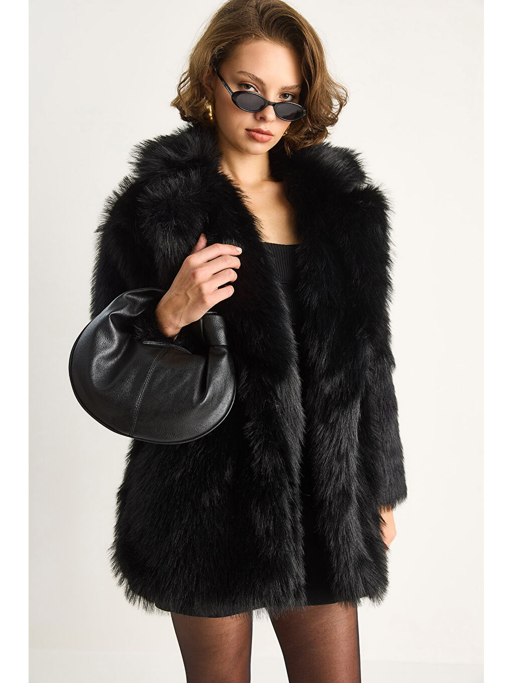 Siyah Kadın Premium Suni Uzun Kürk Ceket-3