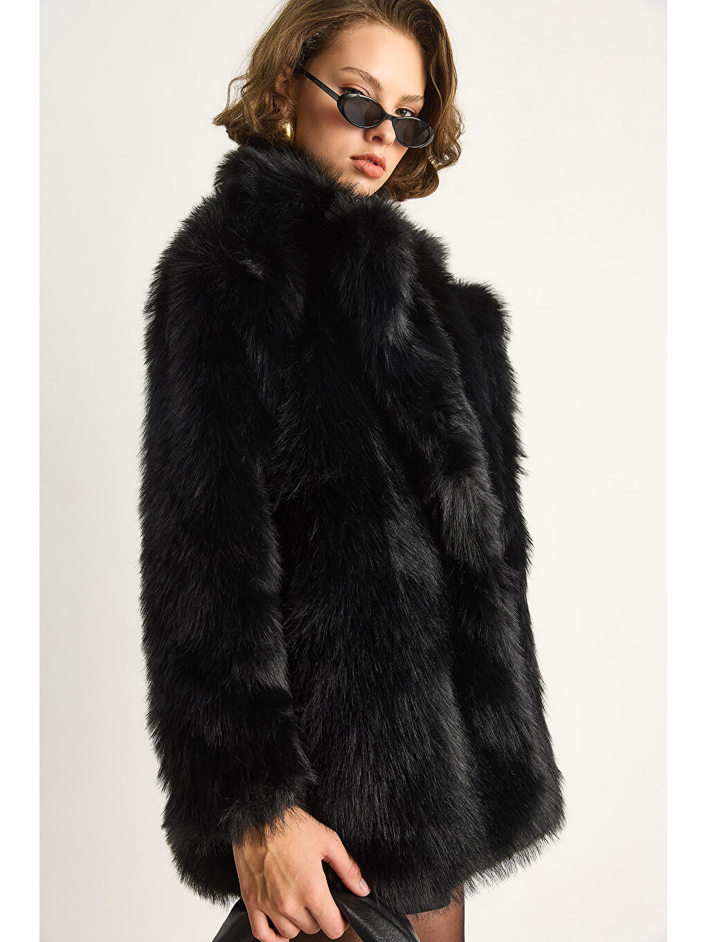 Siyah Kadın Premium Suni Uzun Kürk Ceket-4