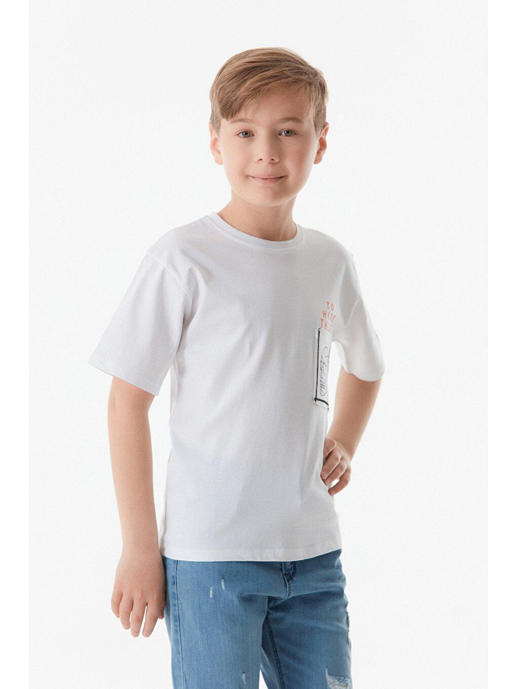 Beyaz Kuru Kafa Baskılı Cepli Erkek Çocuk Tişört-1