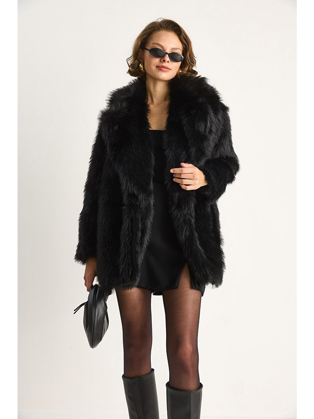 Siyah Kadın Premium Suni Uzun Kürk Ceket-5