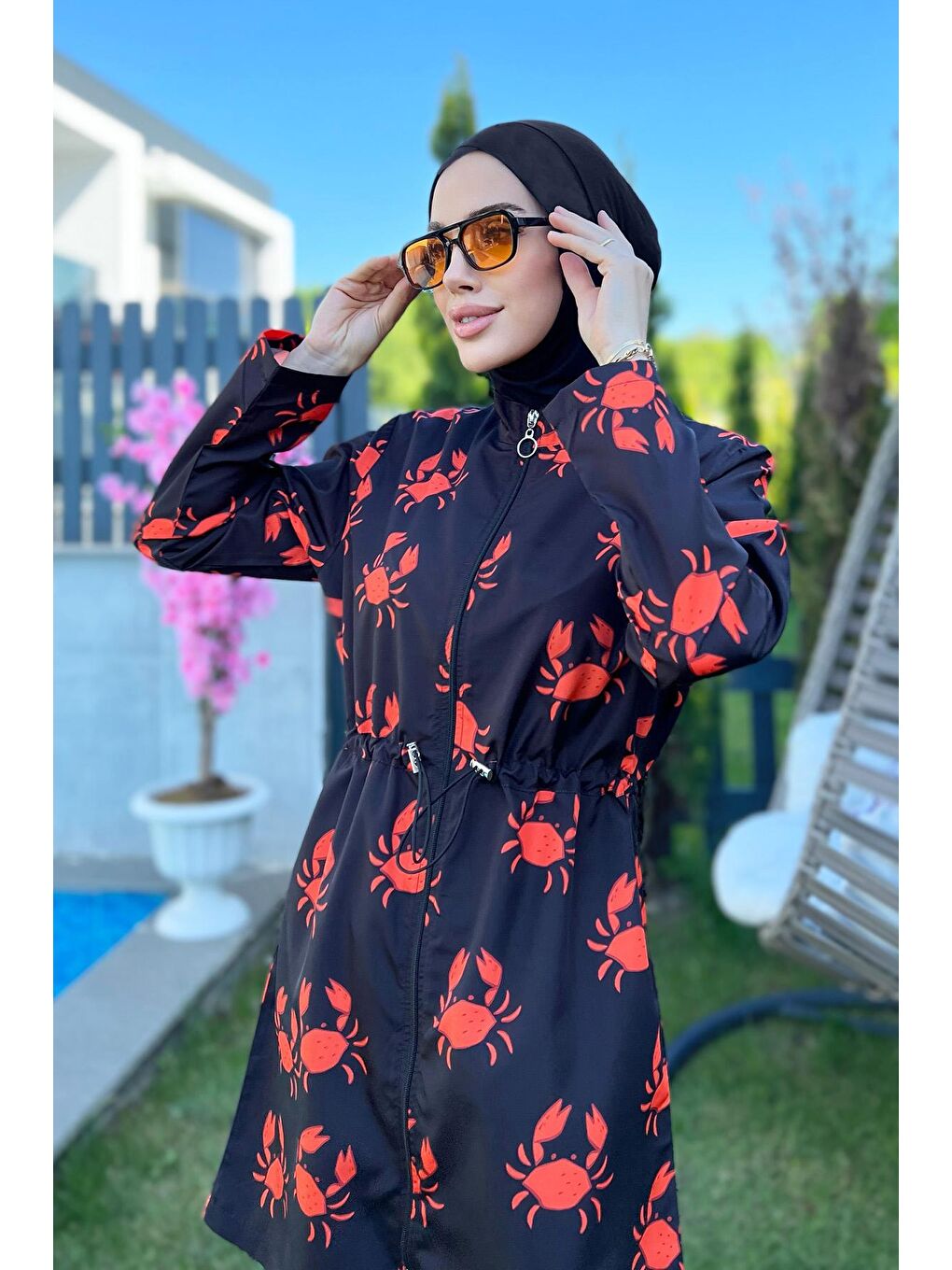 Siyah Parasut Tam Kapalı Tesettür Mayo R080 Yengeç-9