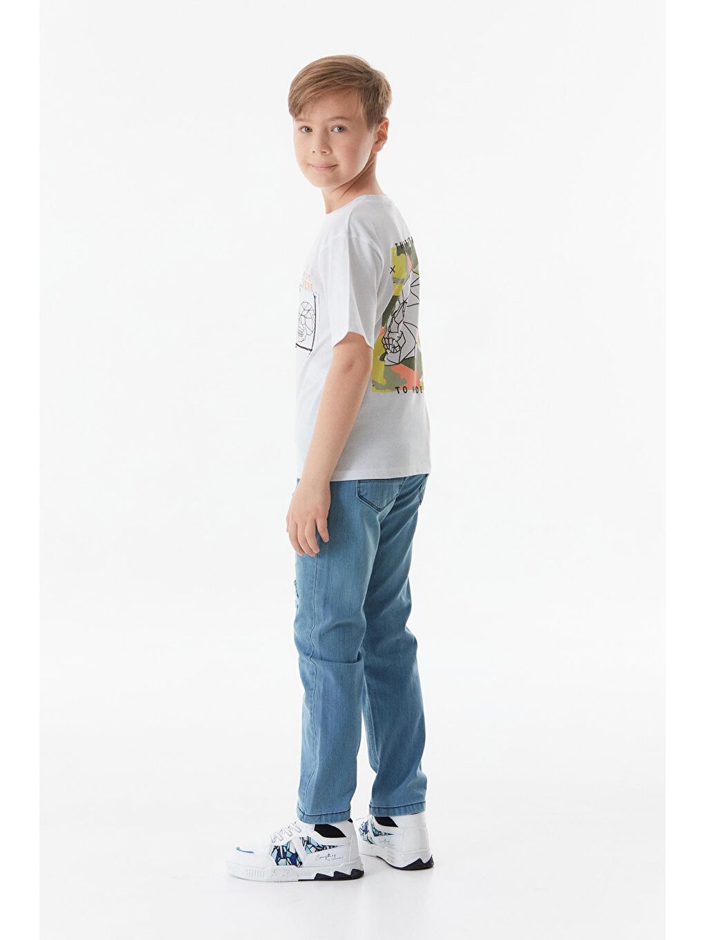 Beyaz Kuru Kafa Baskılı Cepli Erkek Çocuk Tişört-2