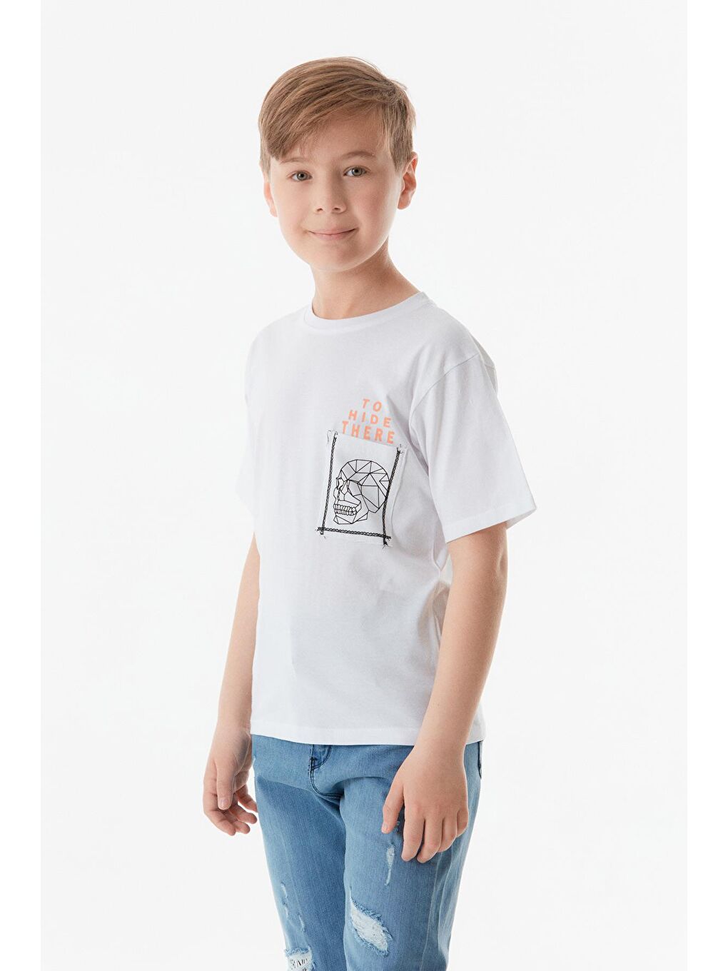 Beyaz Kuru Kafa Baskılı Cepli Erkek Çocuk Tişört-3