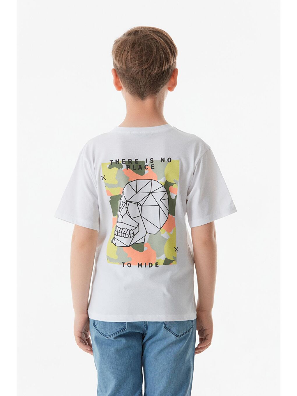 Beyaz Kuru Kafa Baskılı Cepli Erkek Çocuk Tişört-4