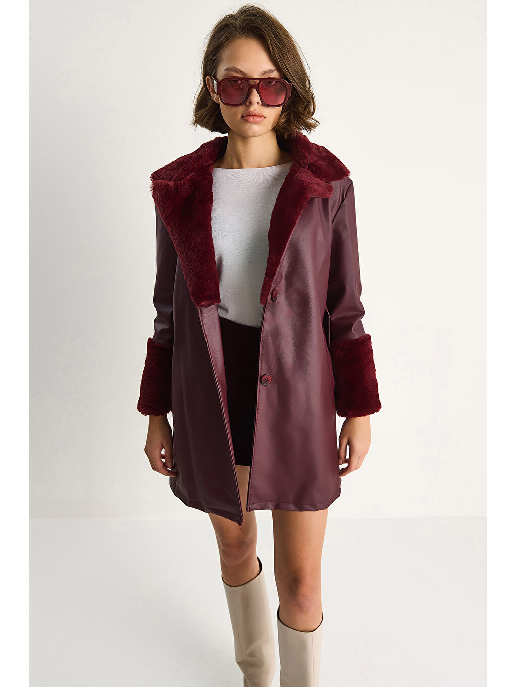 Bordo Kadın Kürklü Kısa Deri Kaban-1