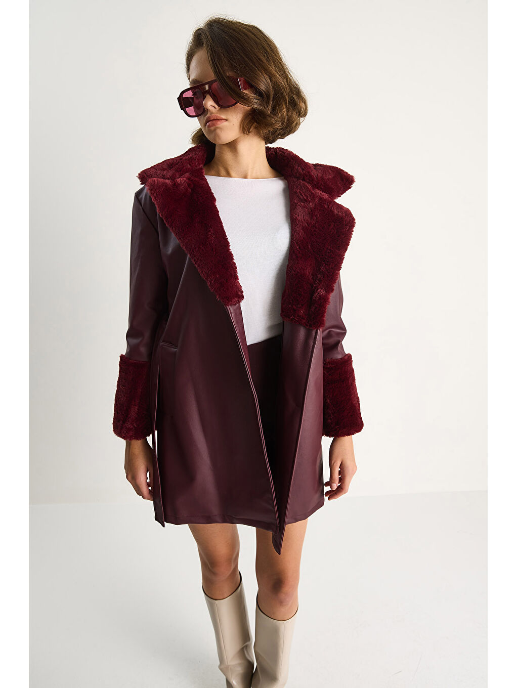 Bordo Kadın Kürklü Kısa Deri Kaban-2
