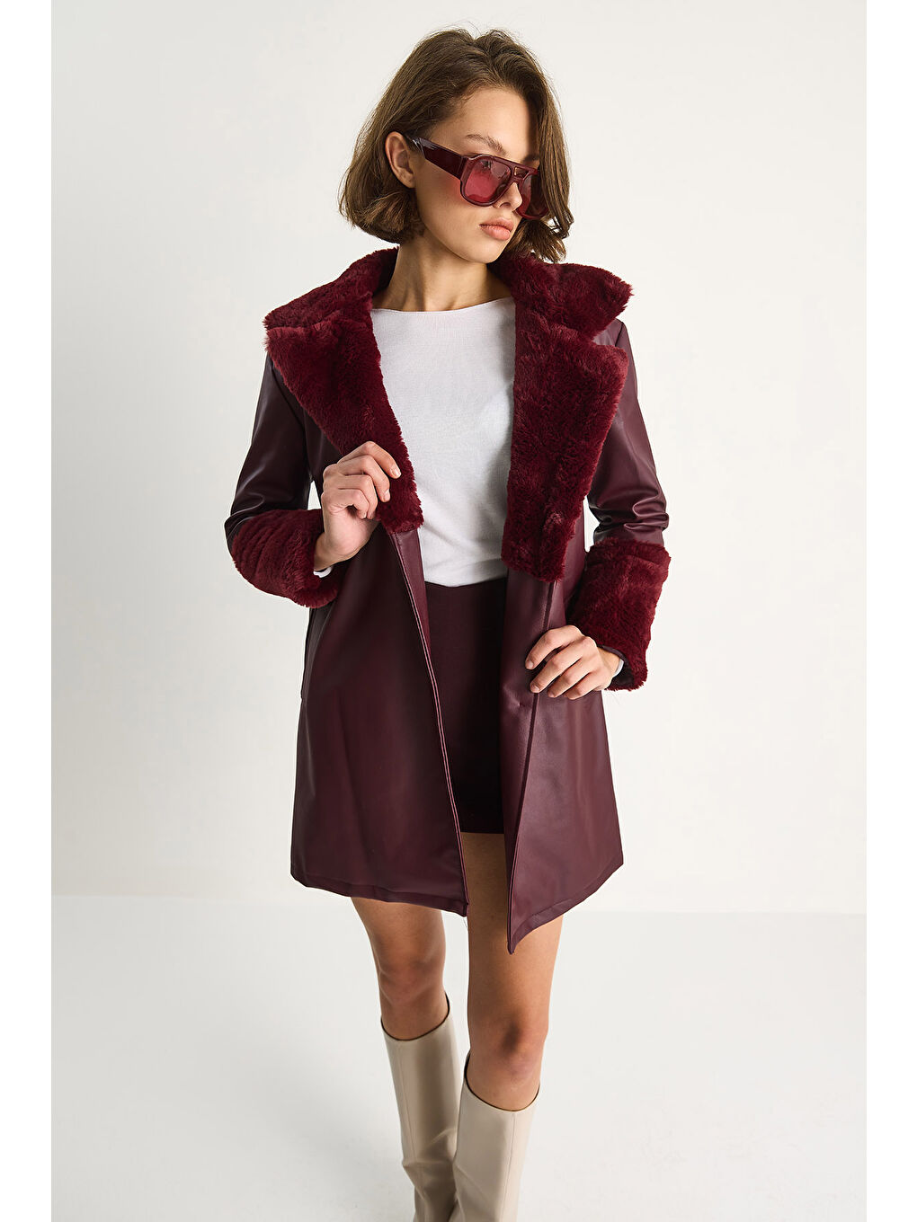 Bordo Kadın Kürklü Kısa Deri Kaban-3