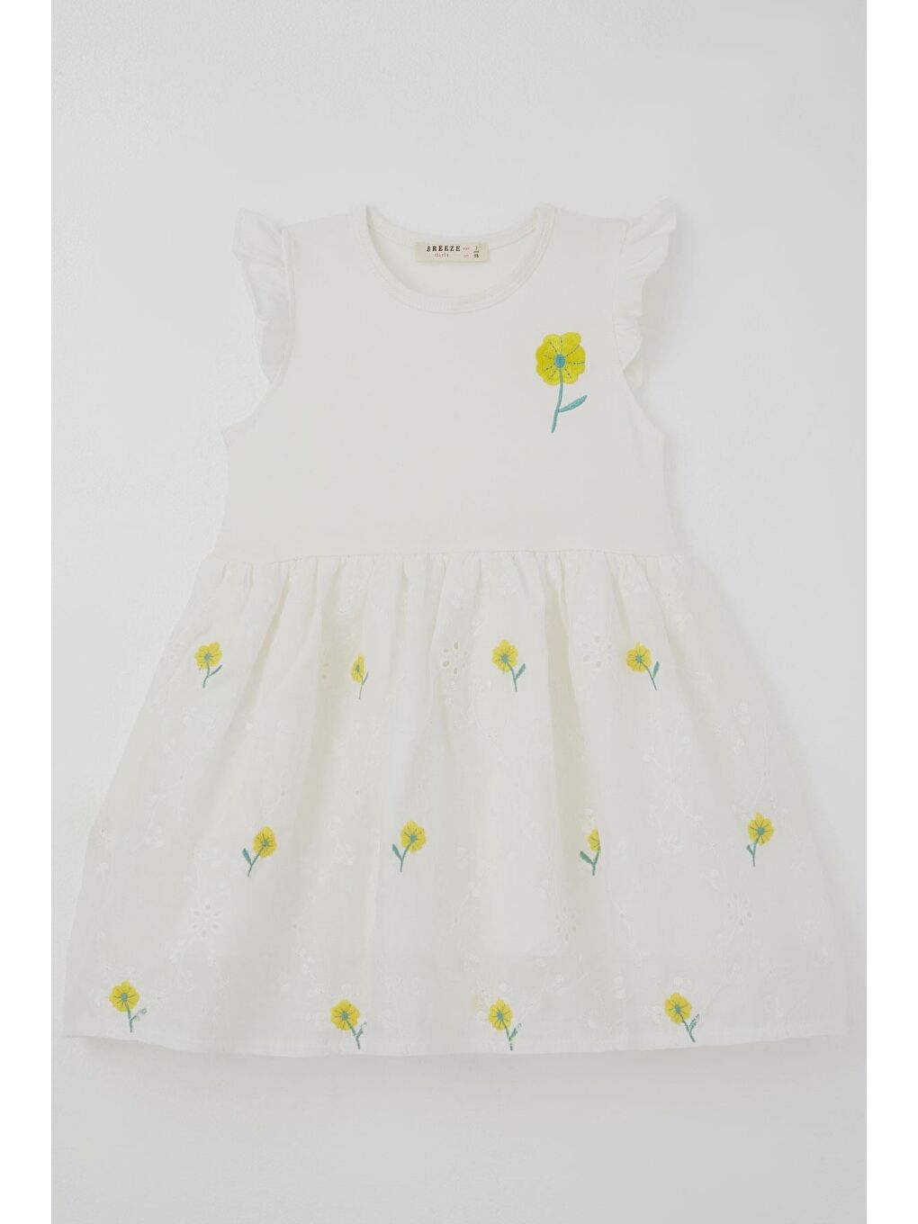 Kız Çocuk Ellbise Sarı Çiçek Nakışlı Eteği Dantel Detaylı Çiçekli Ekru (3-8 Yaş)-2