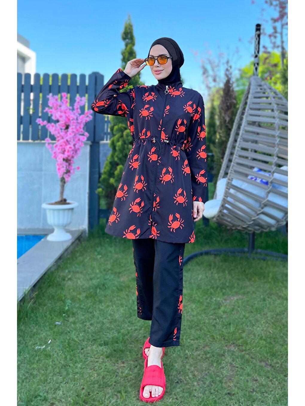 Siyah Parasut Tam Kapalı Tesettür Mayo R080 Yengeç-11