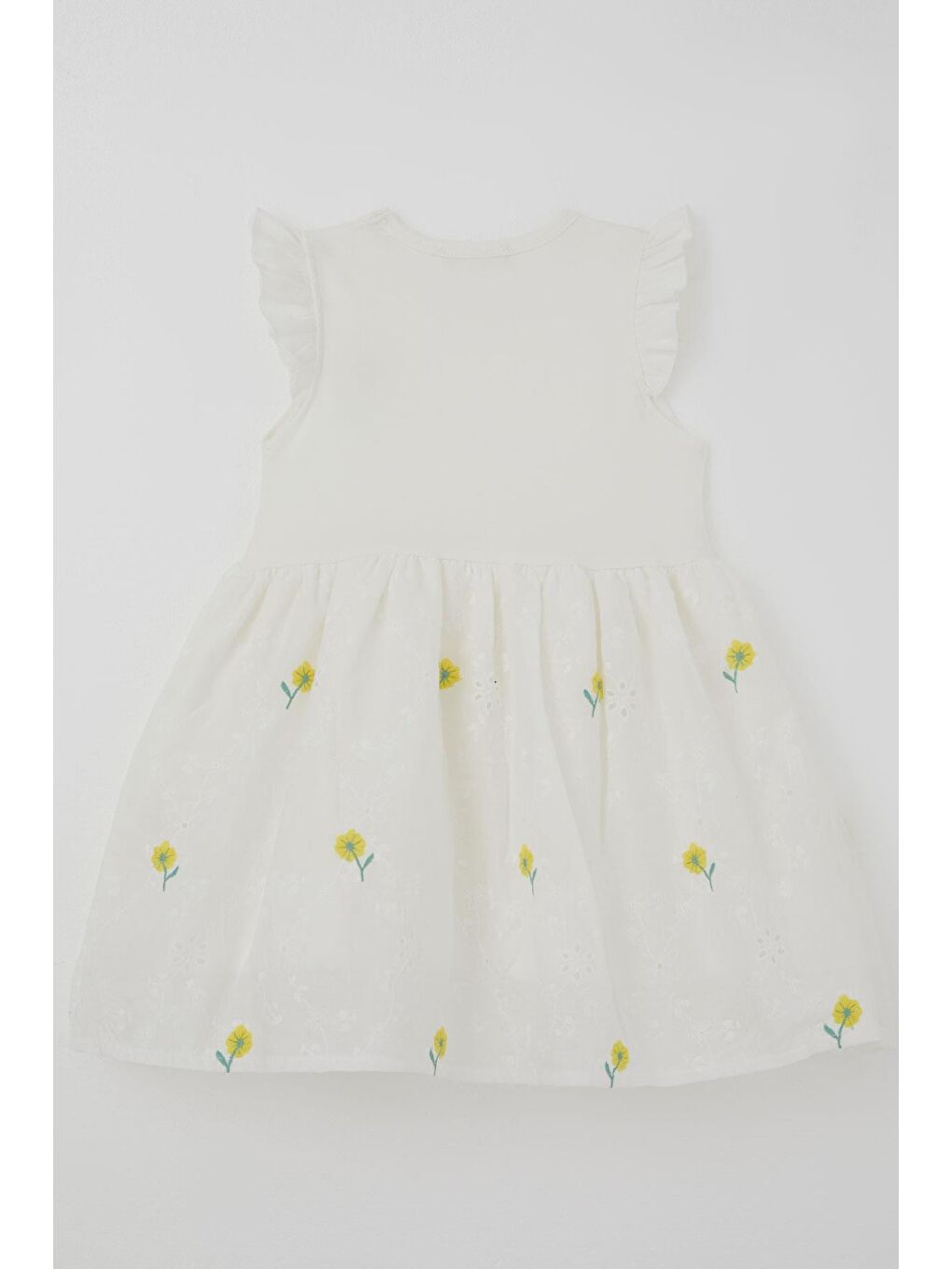 Kız Çocuk Ellbise Sarı Çiçek Nakışlı Eteği Dantel Detaylı Çiçekli Ekru (3-8 Yaş)-3