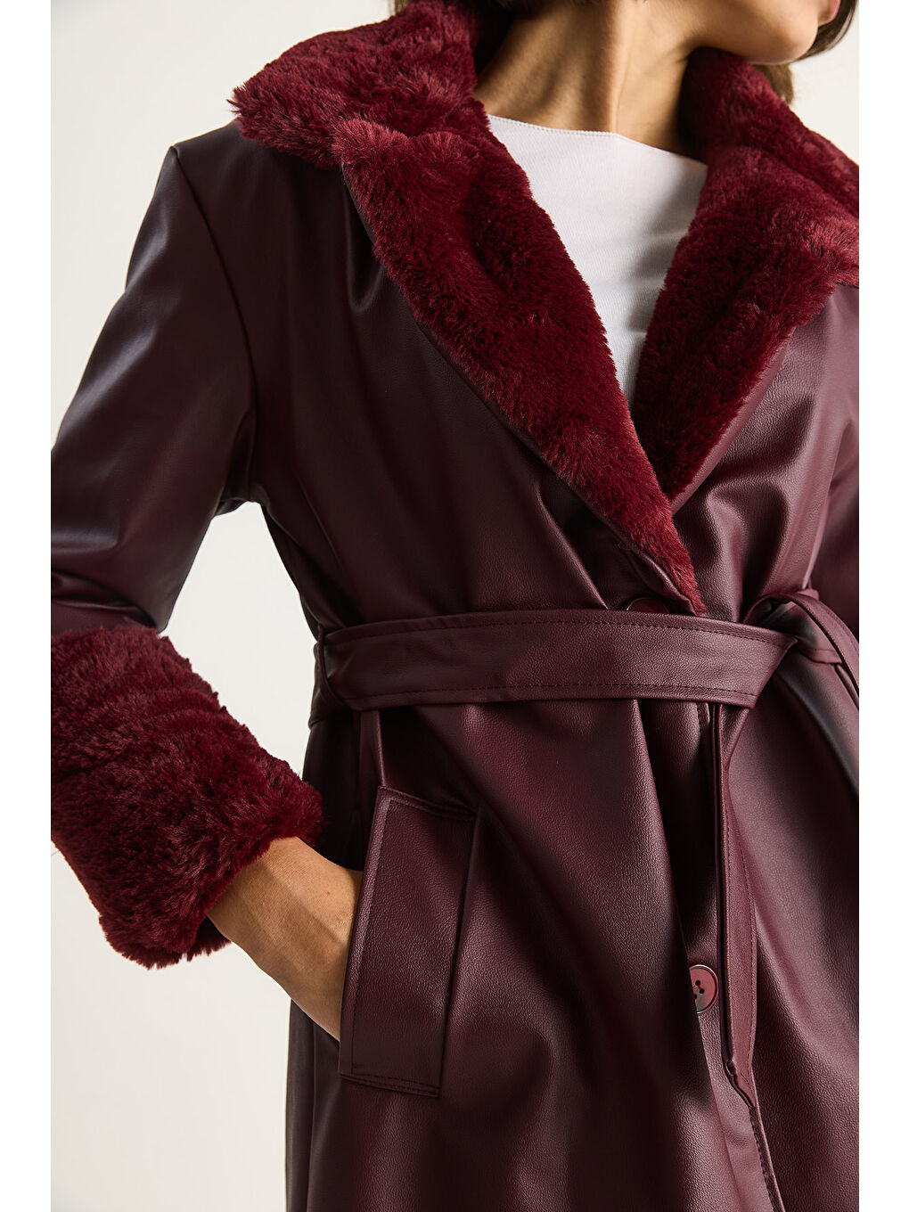 Bordo Kadın Kürklü Kısa Deri Kaban-5