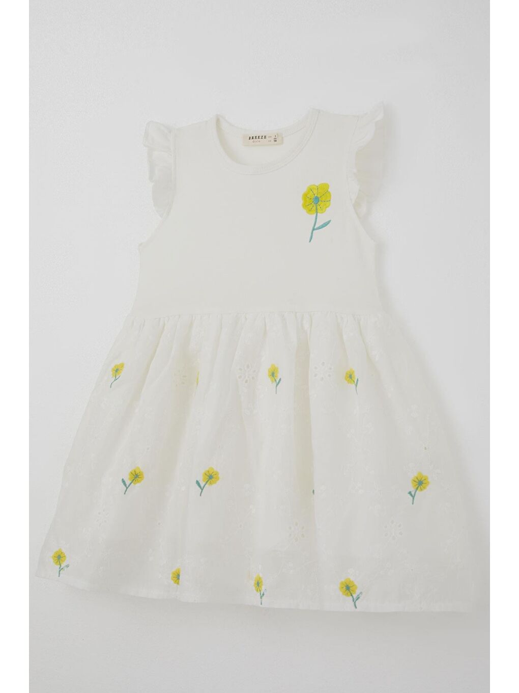 Kız Çocuk Ellbise Sarı Çiçek Nakışlı Eteği Dantel Detaylı Çiçekli Ekru (3-8 Yaş)-4