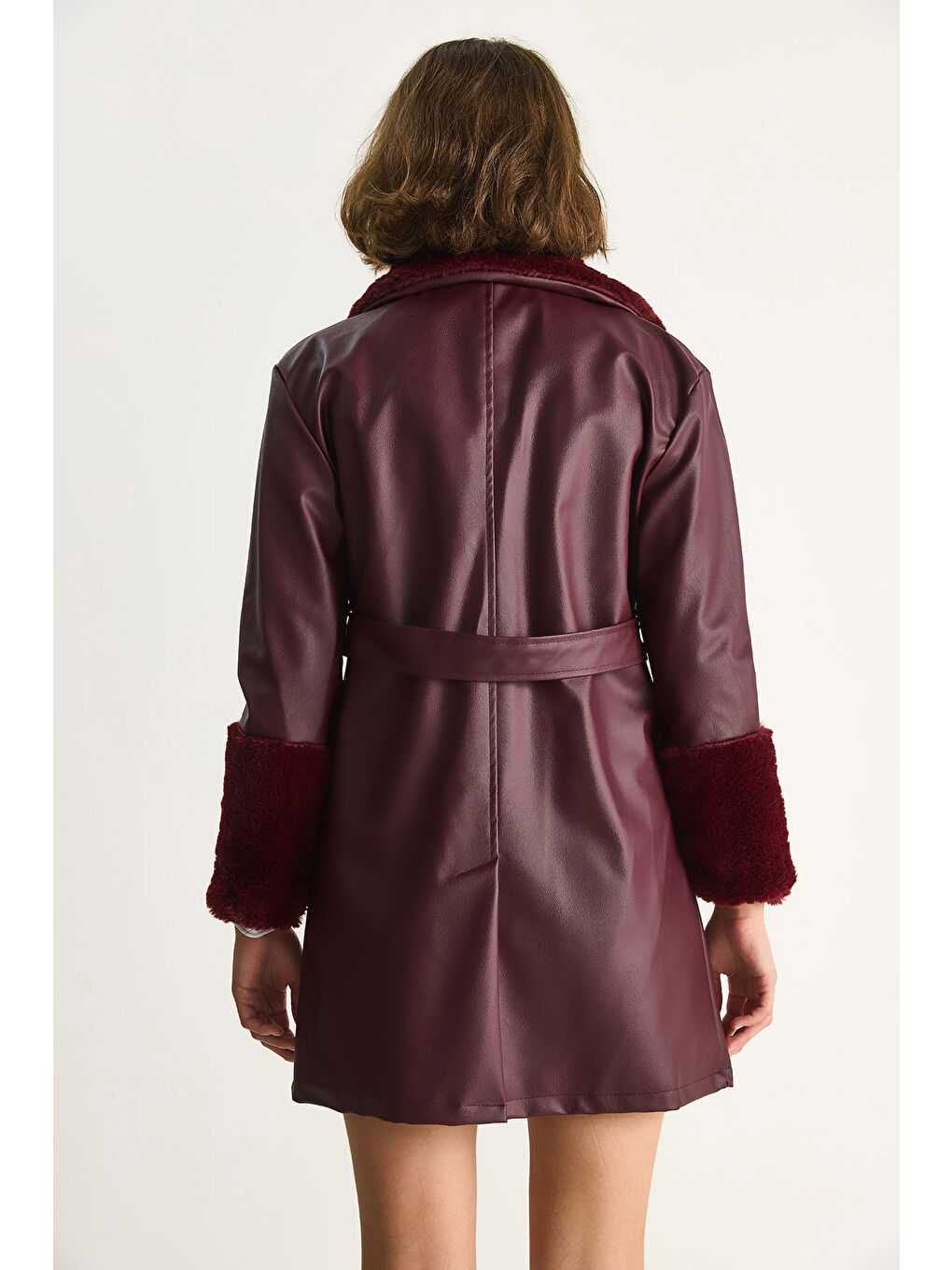 Bordo Kadın Kürklü Kısa Deri Kaban-6