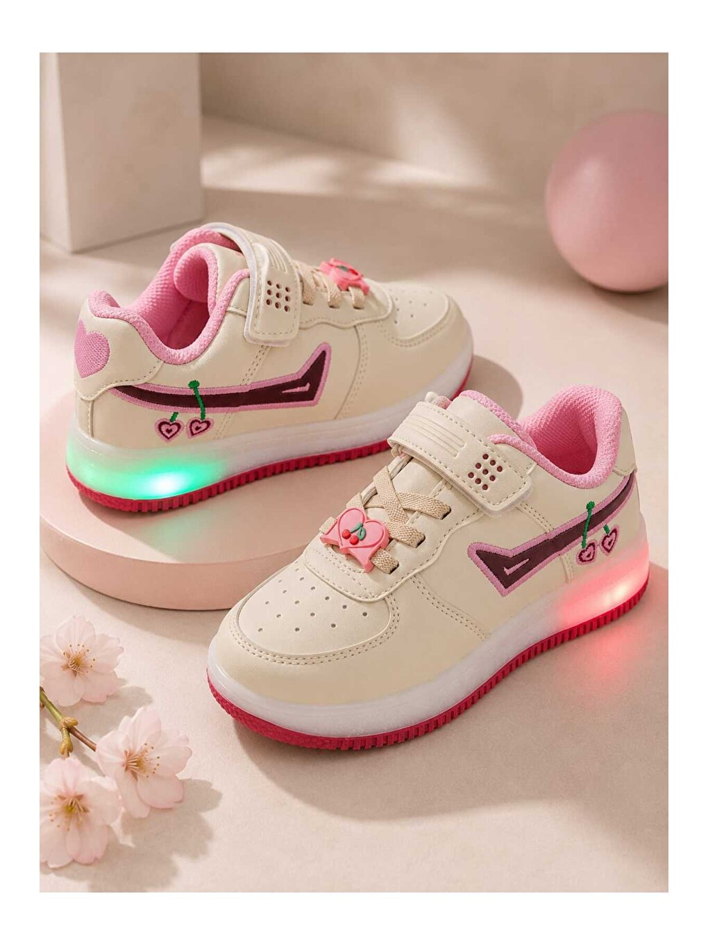 Bej Çocuk Işıklı Okul Günlük Spor Ayakkabı Cırt Cırtlı Kaymaz Taban Günlük Rahat Sneaker-2