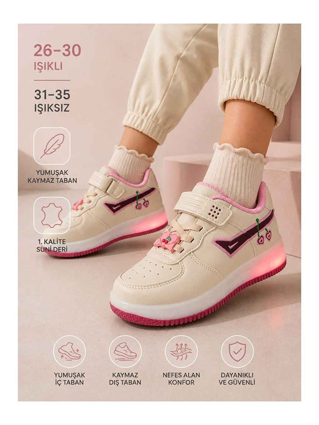 Bej Çocuk Işıklı Okul Günlük Spor Ayakkabı Cırt Cırtlı Kaymaz Taban Günlük Rahat Sneaker-3