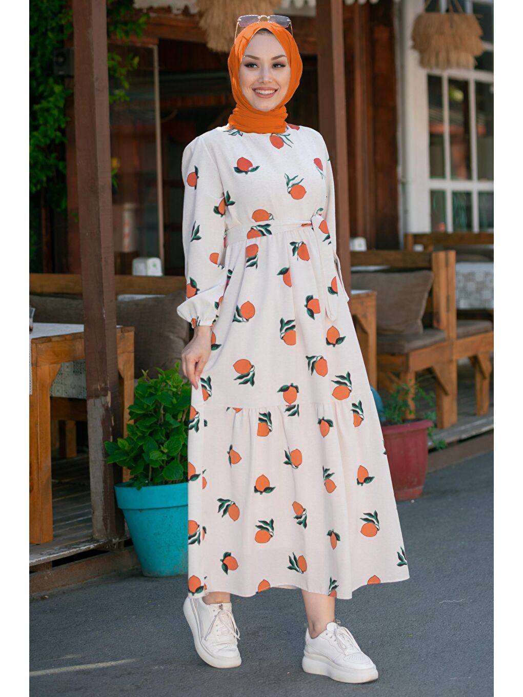 Orta Turuncu Kadın Keten Elbise - 8884