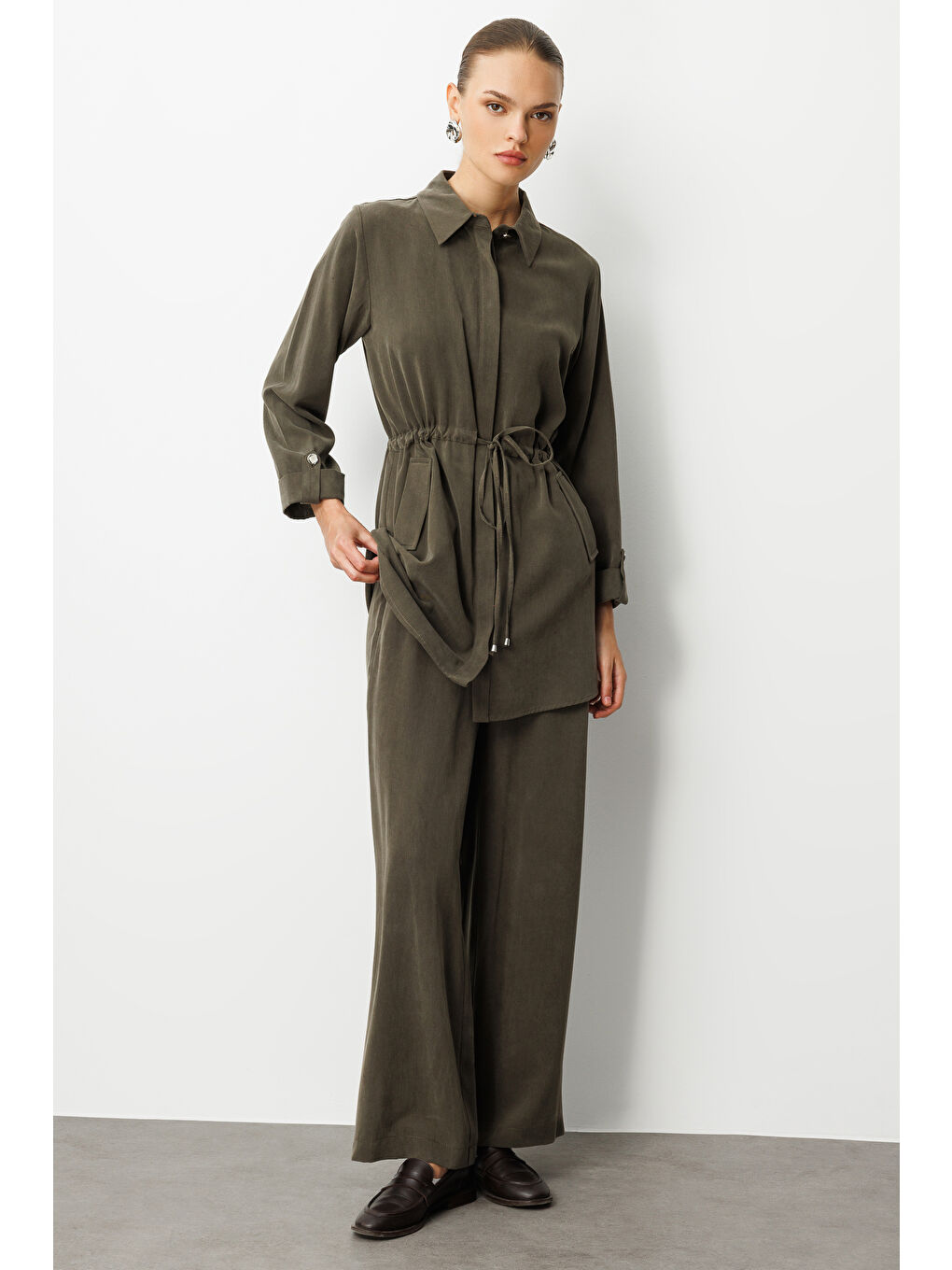 Geniş Paça beli Lastikli Haki Cupro Pantolon