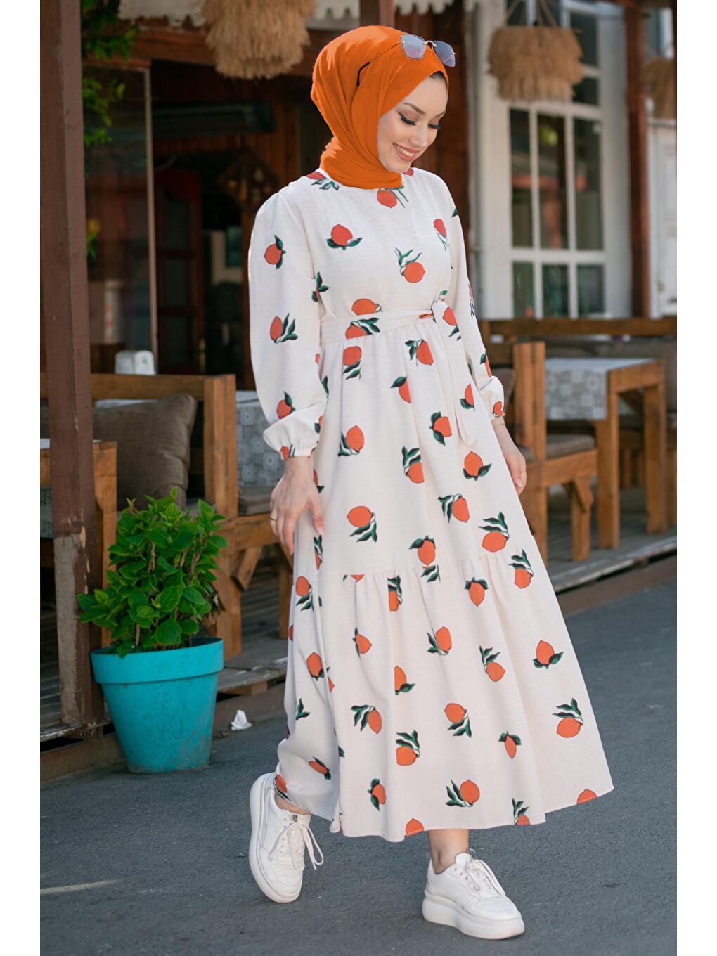 Orta Turuncu Kadın Keten Elbise - 8884-1