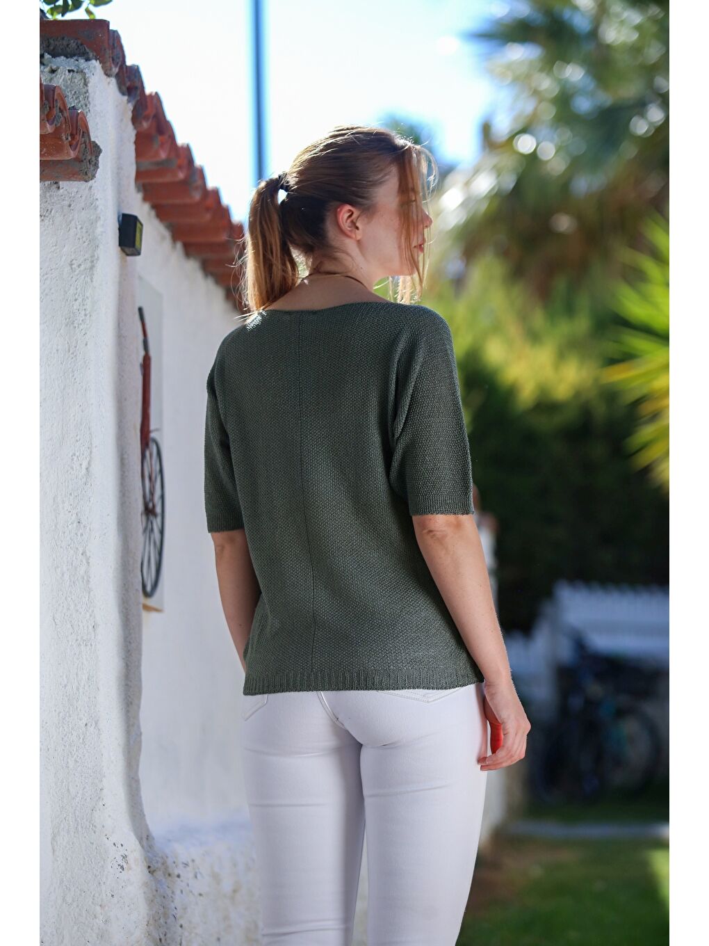 Haki V Yaka 3/4 Kol İnce Arkası Uzun Crop Fit Triko Bluz 50 60-1