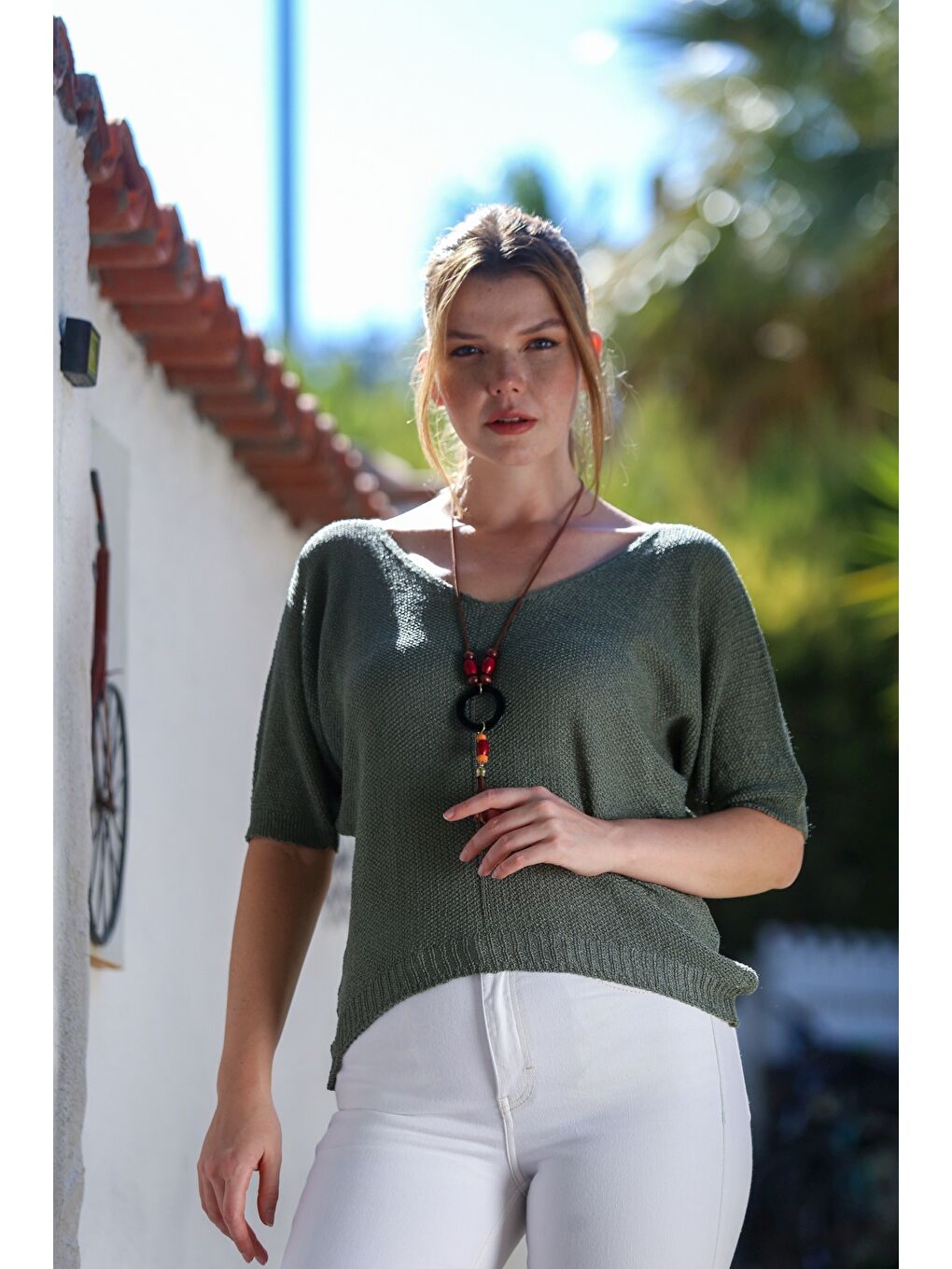 Haki V Yaka 3/4 Kol İnce Arkası Uzun Crop Fit Triko Bluz 50 60-3