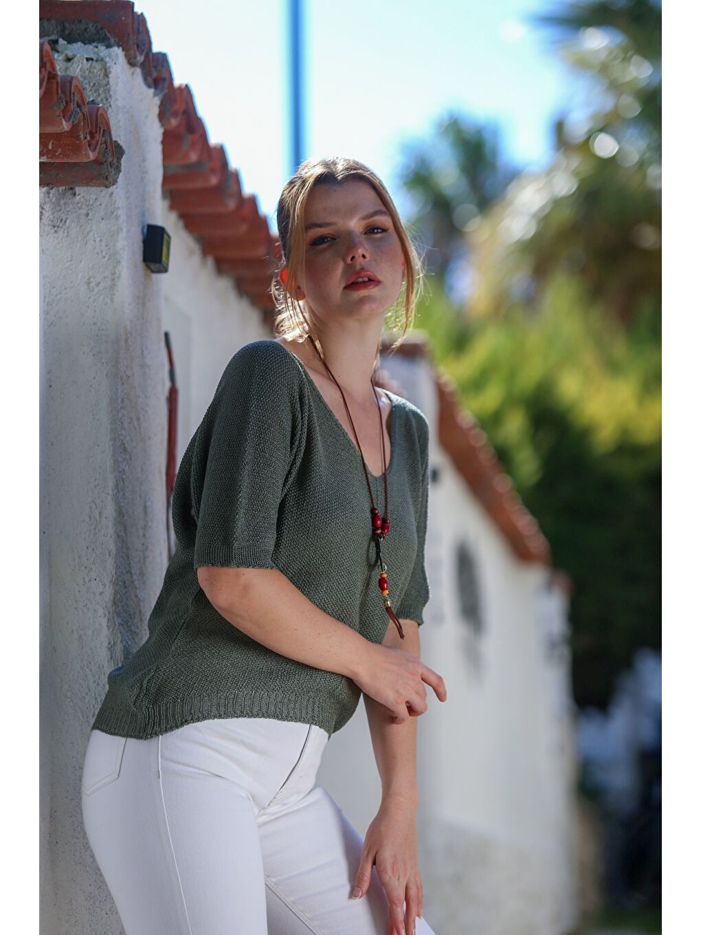 Haki V Yaka 3/4 Kol İnce Arkası Uzun Crop Fit Triko Bluz 50 60-4