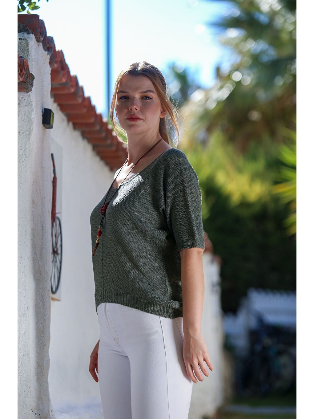 Haki V Yaka 3/4 Kol İnce Arkası Uzun Crop Fit Triko Bluz 50 60-5