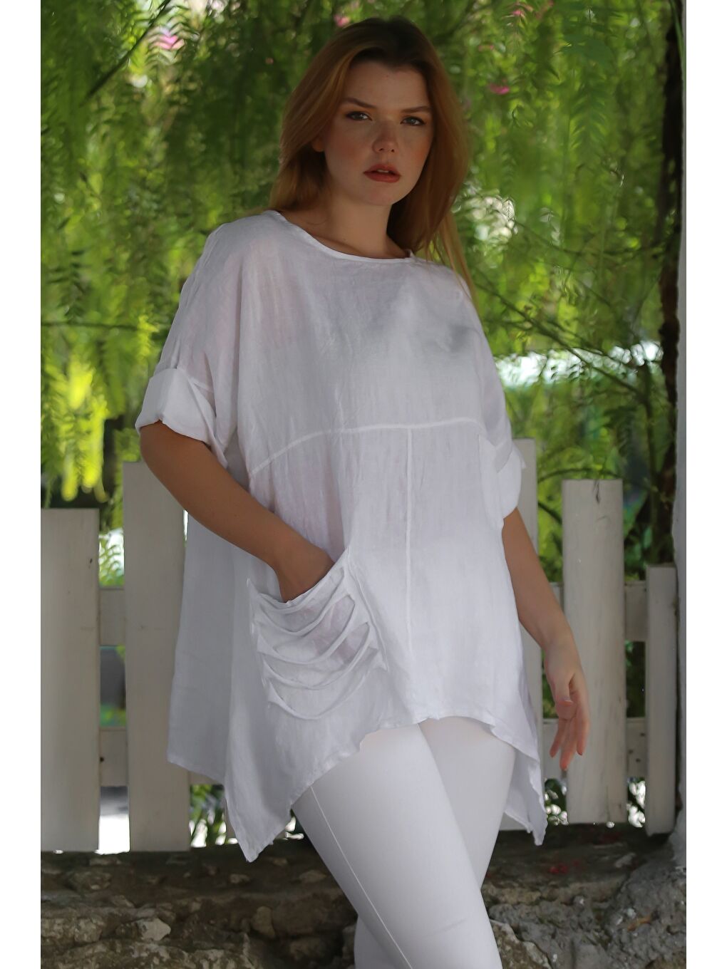 İtalyan Beyaz Havuz Yaka Cepli Yıkamalı Keten Asimetrik Oversize Dokuma Bluz 75 65