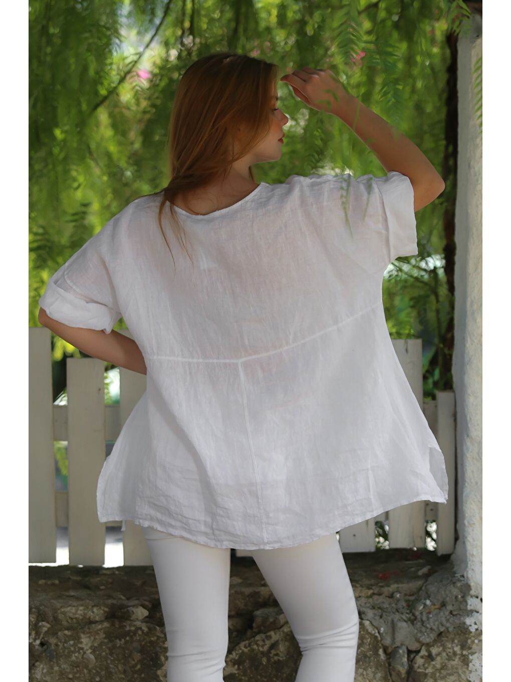 İtalyan Beyaz Havuz Yaka Cepli Yıkamalı Keten Asimetrik Oversize Dokuma Bluz 75 65-1