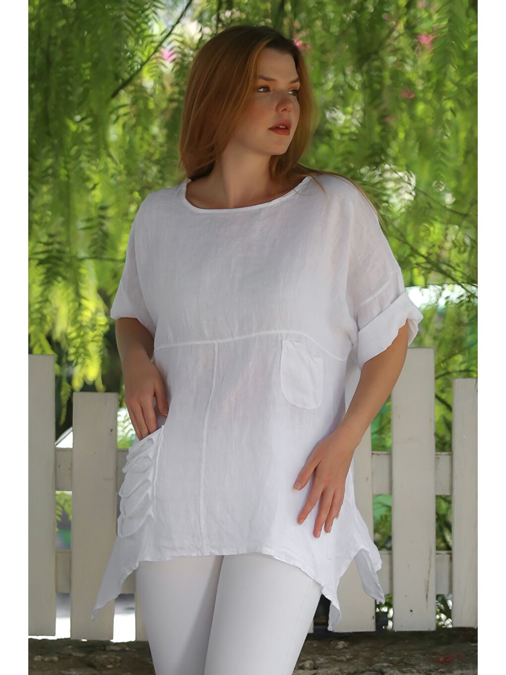 İtalyan Beyaz Havuz Yaka Cepli Yıkamalı Keten Asimetrik Oversize Dokuma Bluz 75 65-3