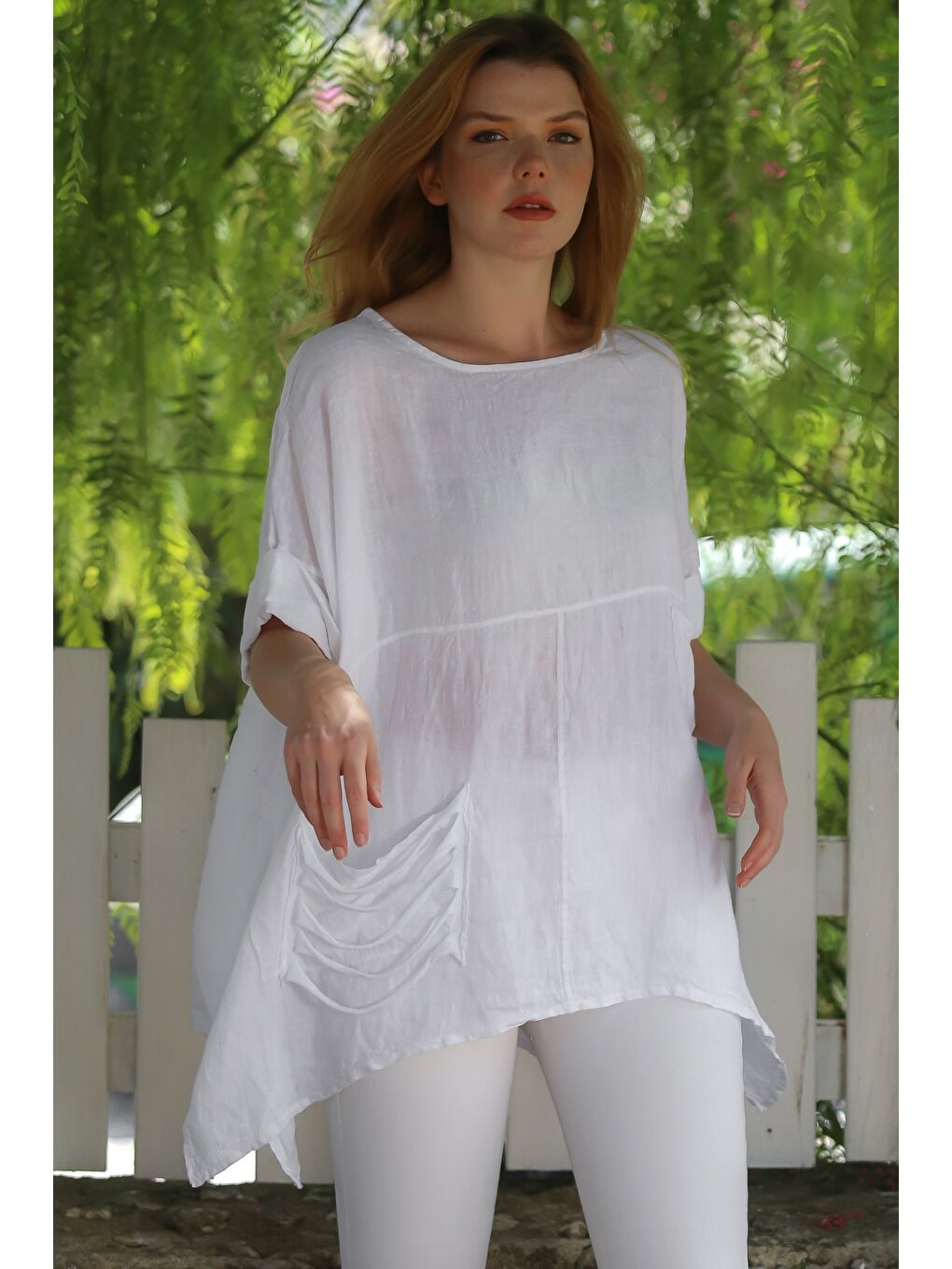 İtalyan Beyaz Havuz Yaka Cepli Yıkamalı Keten Asimetrik Oversize Dokuma Bluz 75 65-4