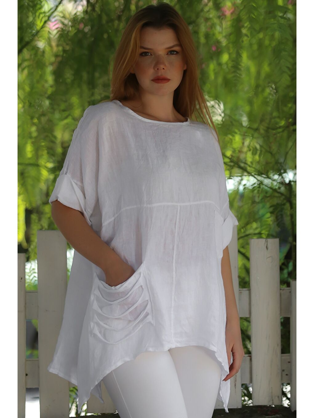 İtalyan Beyaz Havuz Yaka Cepli Yıkamalı Keten Asimetrik Oversize Dokuma Bluz 75 65-5