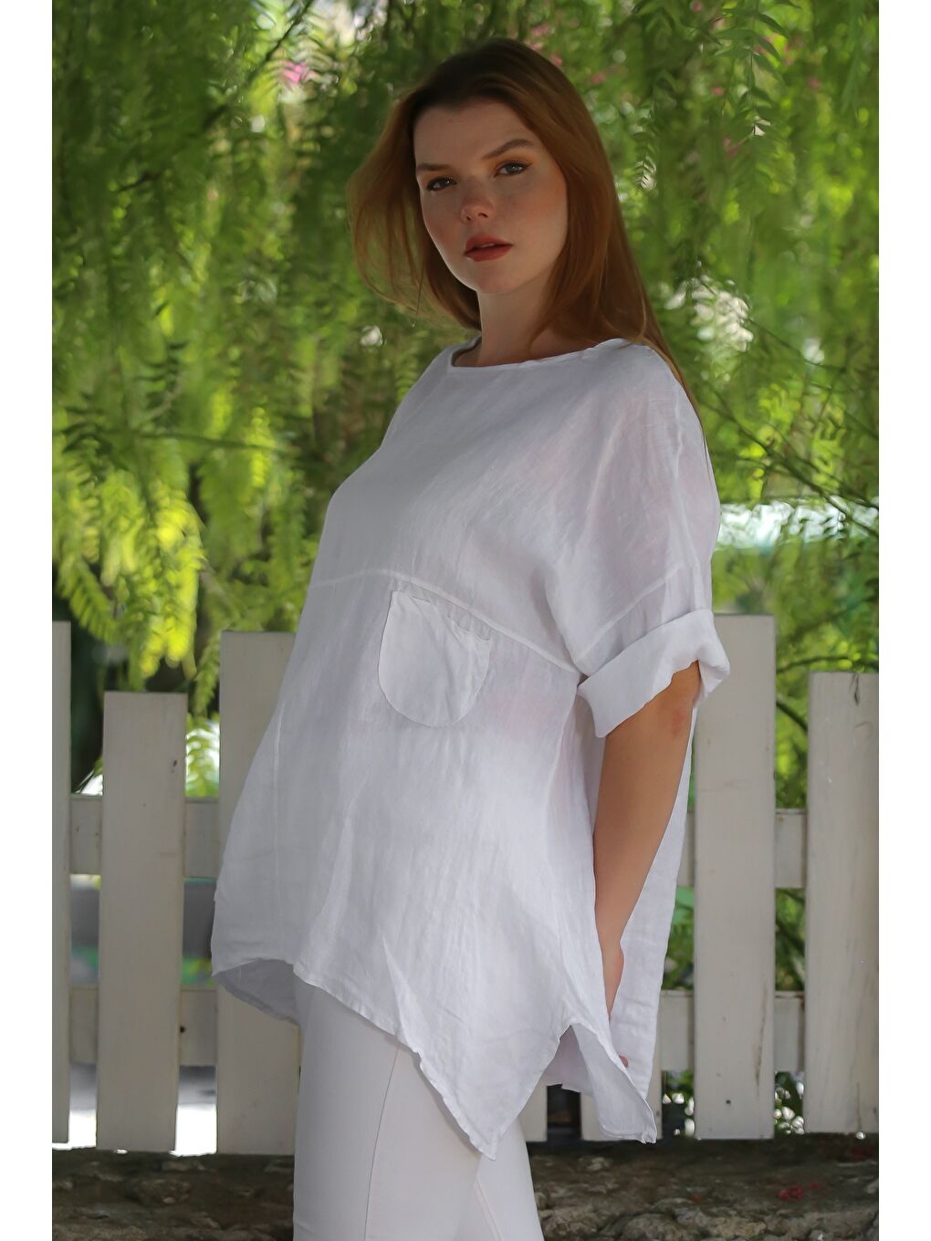 İtalyan Beyaz Havuz Yaka Cepli Yıkamalı Keten Asimetrik Oversize Dokuma Bluz 75 65-6