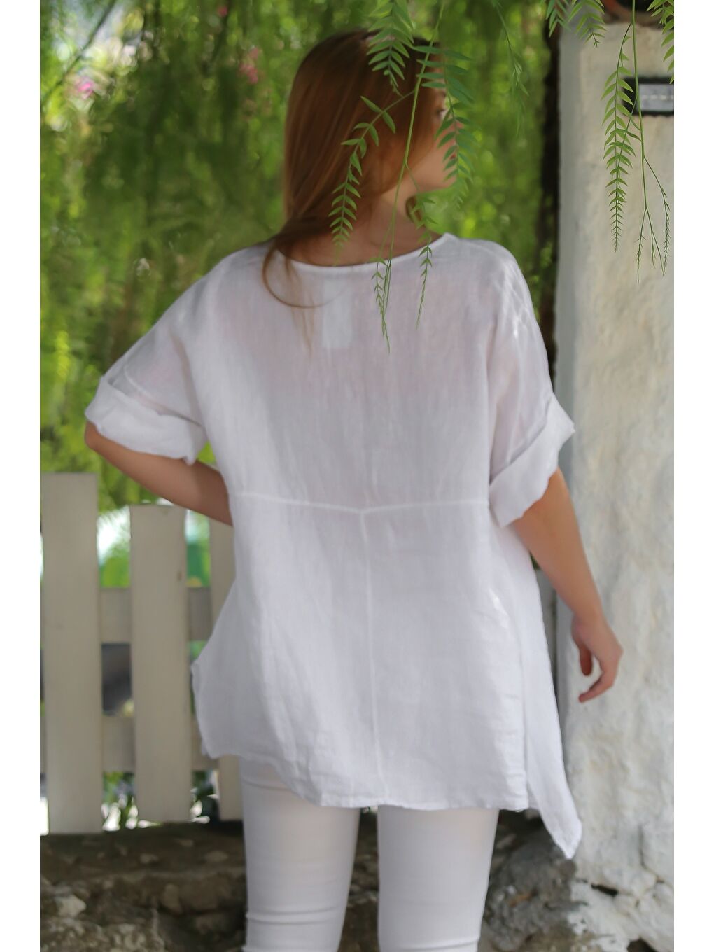 İtalyan Beyaz Havuz Yaka Cepli Yıkamalı Keten Asimetrik Oversize Dokuma Bluz 75 65-7