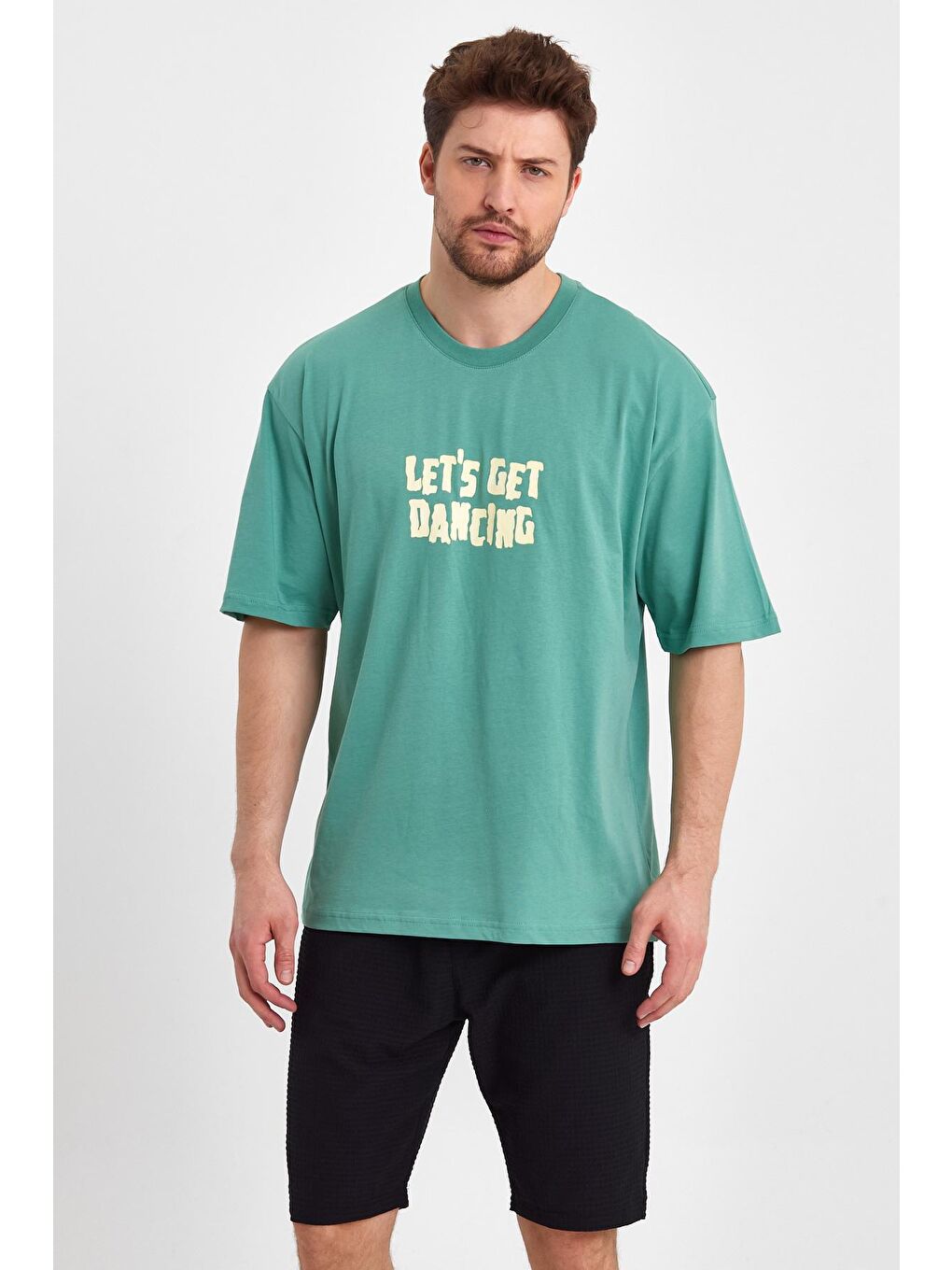 Yeşil Oversize Fit Bisiklet Yaka %100 Pamuk Sırt Baskılı Erkek Tişört RF0410-1