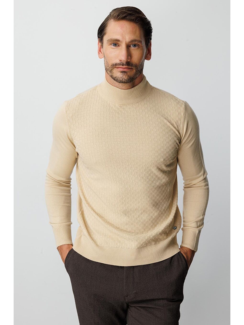 Bej Dar Kalıp Yarım Balıkçı Düz Uzun Kollu Triko-5