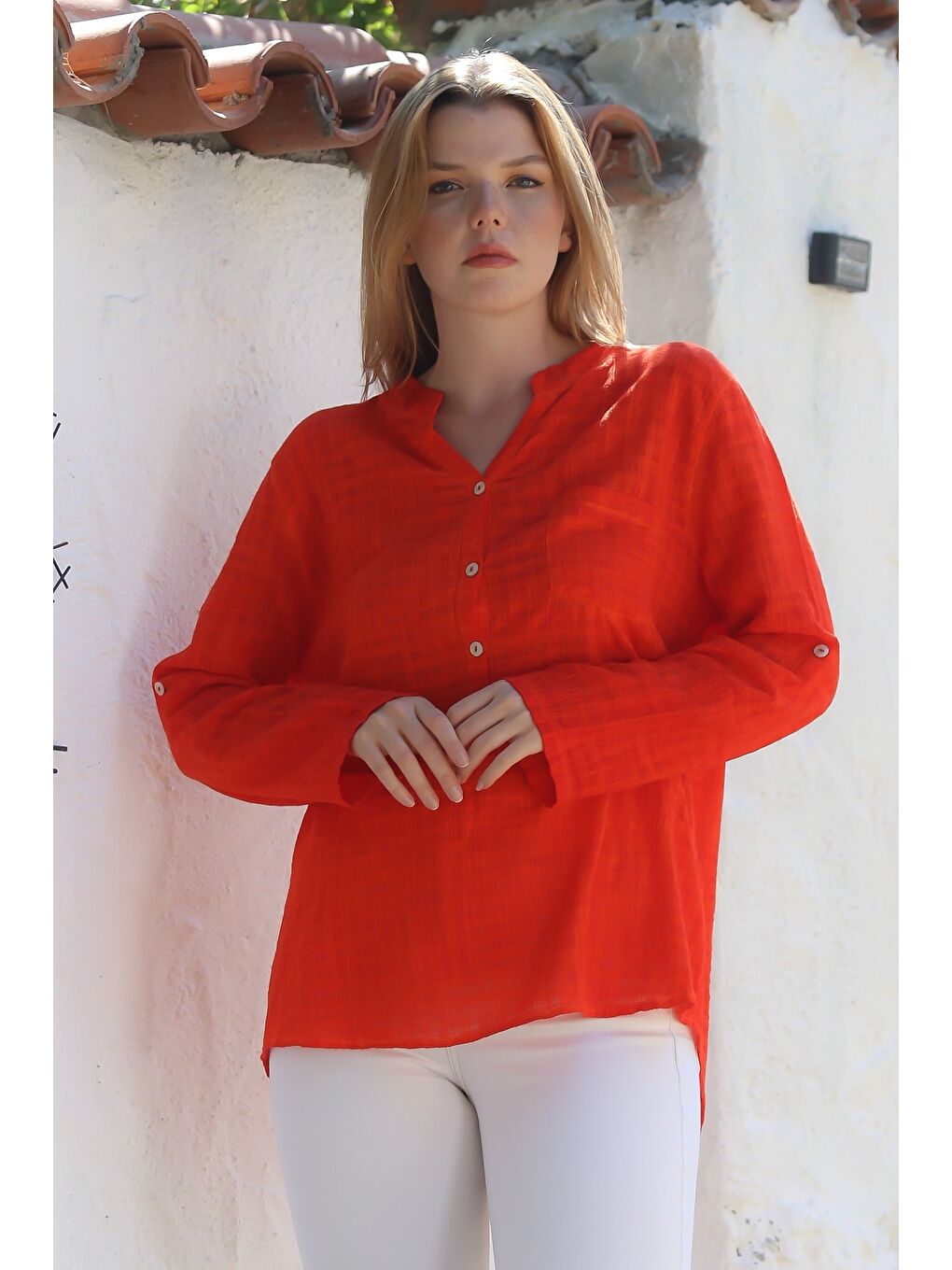 Organik Pamuk Turuncu Hakim Yaka Düğmeli Uzun Kollu Dokulu Tek Cepli Yıkamalı Dokuma Bluz 70 60-3