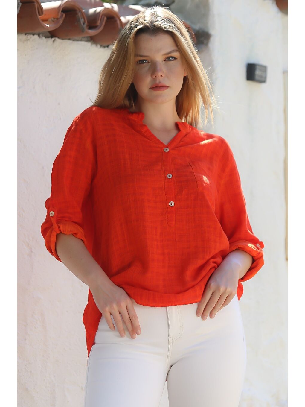 Organik Pamuk Turuncu Hakim Yaka Düğmeli Uzun Kollu Dokulu Tek Cepli Yıkamalı Dokuma Bluz 70 60-5
