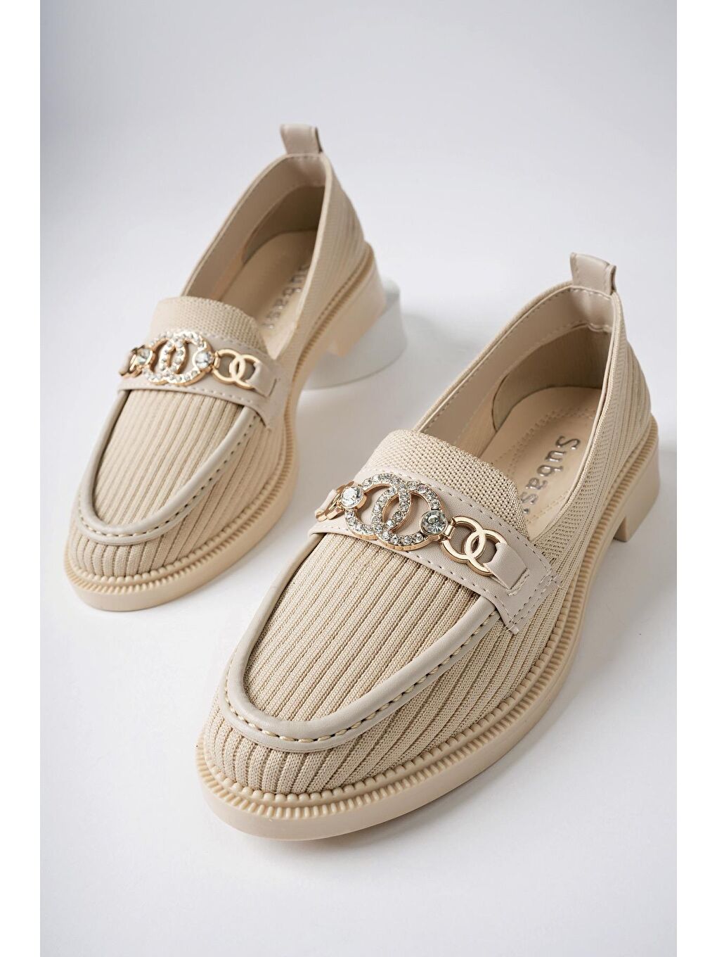 Bej CAMERON Triko Taşlı Tokalı Kadın Loafer Makosen Günlük Ayakkabı