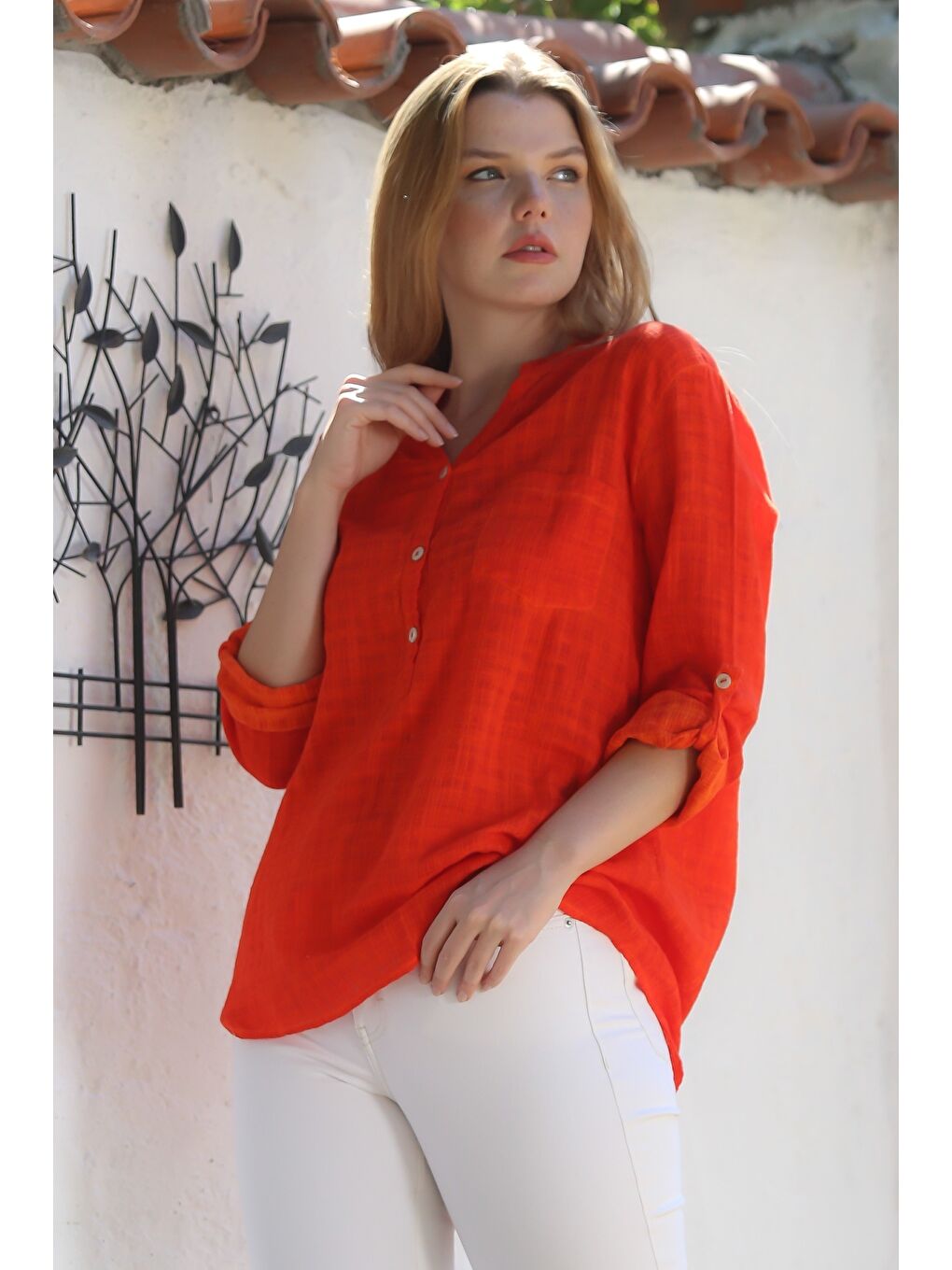 Organik Pamuk Turuncu Hakim Yaka Düğmeli Uzun Kollu Dokulu Tek Cepli Yıkamalı Dokuma Bluz 70 60-6