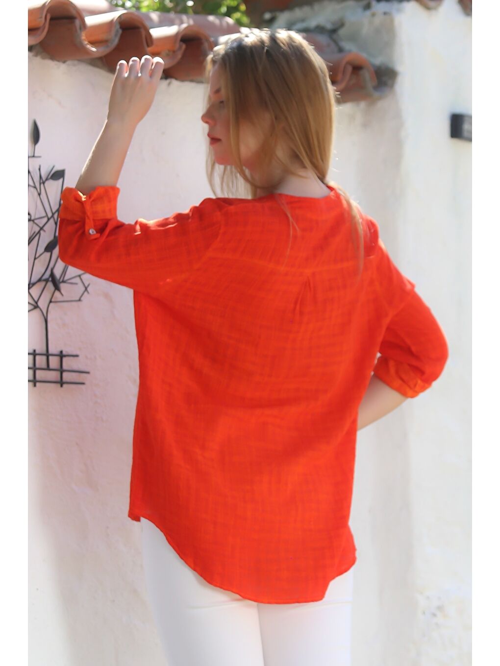 Organik Pamuk Turuncu Hakim Yaka Düğmeli Uzun Kollu Dokulu Tek Cepli Yıkamalı Dokuma Bluz 70 60-7