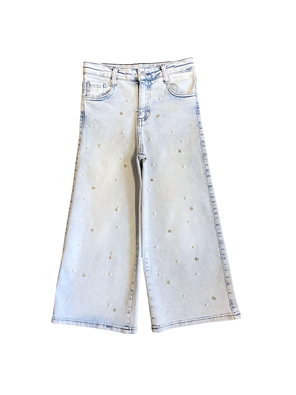 Mavi Kız Çocuk İnci ve Taşlı Jean Pantolon