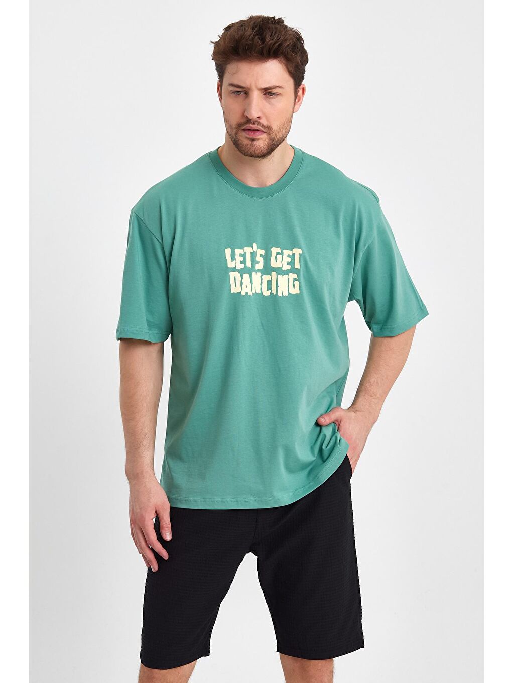 Yeşil Oversize Fit Bisiklet Yaka %100 Pamuk Sırt Baskılı Erkek Tişört RF0410-3