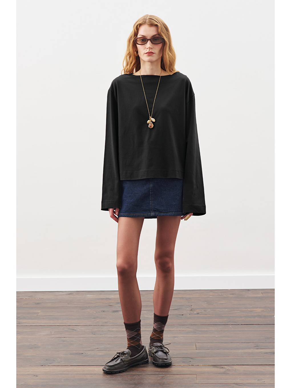 Kayık Yaka Uzun Kol Tshırt Siyah-1