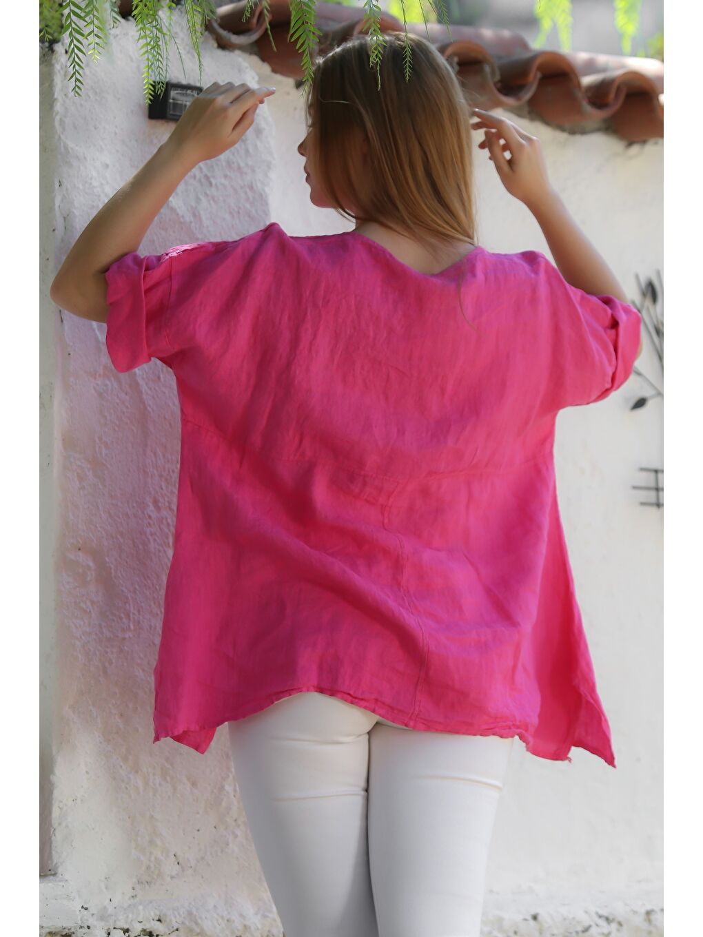 İtalyan Fuşya Havuz Yaka Cepli Yıkamalı Keten Asimetrik Oversize Dokuma Bluz 75 65-1