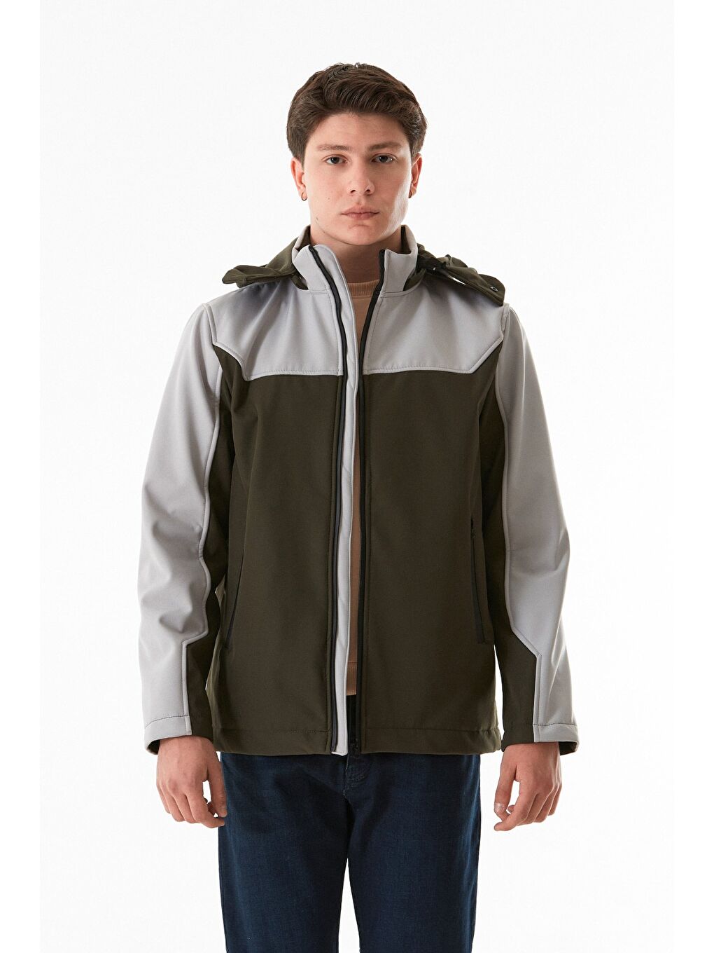 Haki Dalgıç Kumaş Cebi Fermuarlı Kapüşonlu Mont