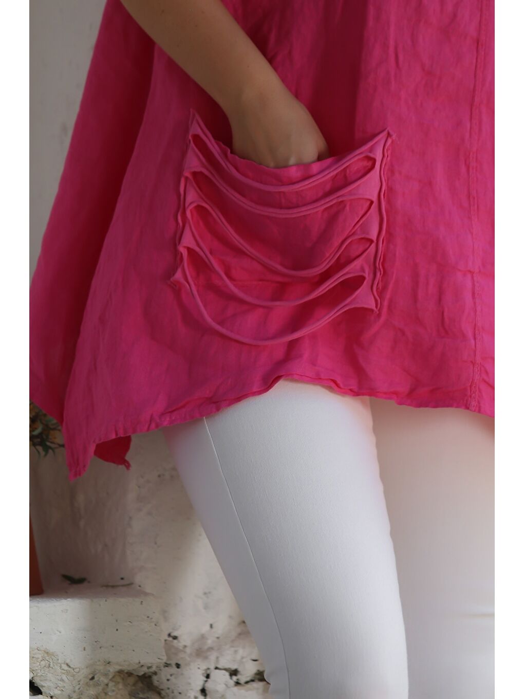 İtalyan Fuşya Havuz Yaka Cepli Yıkamalı Keten Asimetrik Oversize Dokuma Bluz 75 65-2