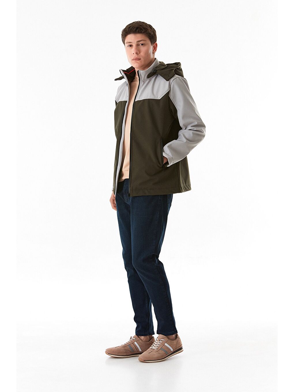 Haki Dalgıç Kumaş Cebi Fermuarlı Kapüşonlu Mont-1