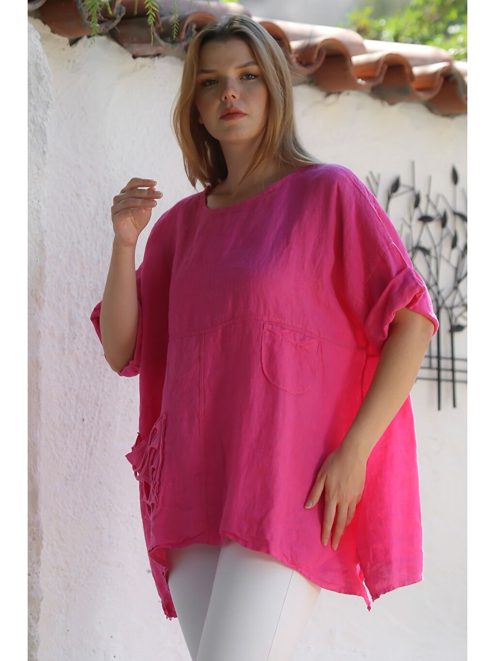 İtalyan Fuşya Havuz Yaka Cepli Yıkamalı Keten Asimetrik Oversize Dokuma Bluz 75 65-4