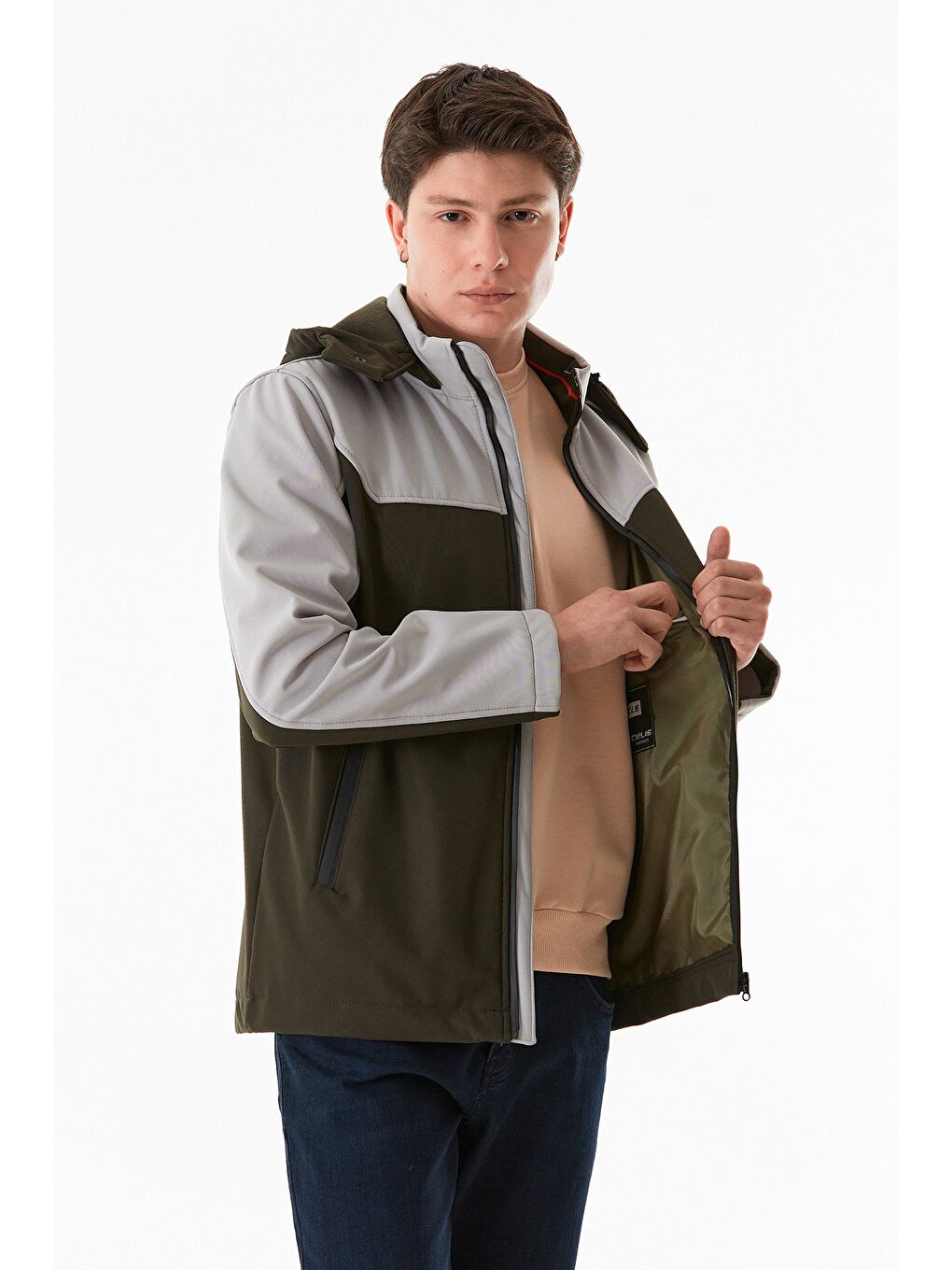 Haki Dalgıç Kumaş Cebi Fermuarlı Kapüşonlu Mont-3