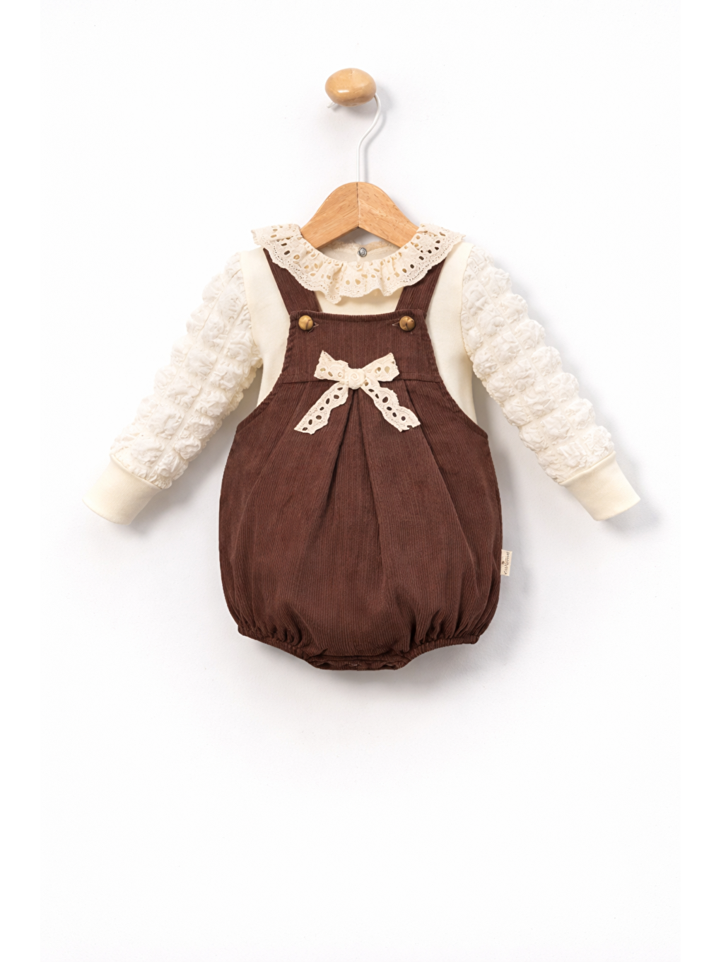 Kahverengi Kız Bebek 2li Romper Takımı Bayramlık Uzun Kollu Balon Kol